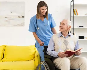 old-man-sitting-wheelchair-while-talking-nurse